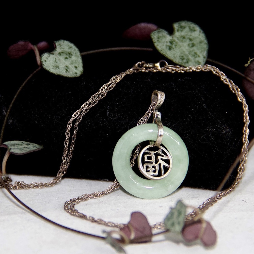 Sterling Silver 925 Light Green Jade Jadeite Donut Fu Character Necklace 20in